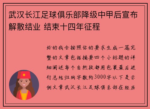 武汉长江足球俱乐部降级中甲后宣布解散结业 结束十四年征程