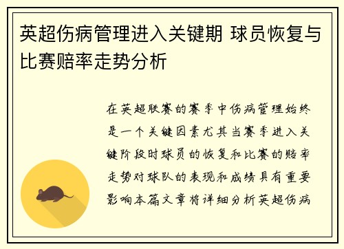 英超伤病管理进入关键期 球员恢复与比赛赔率走势分析